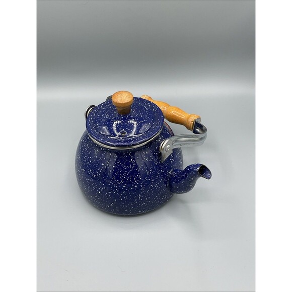 Vintage Blue White Speckled Enamelware Goose Neck Teapot Tea Kettle - Picture 13 of 13